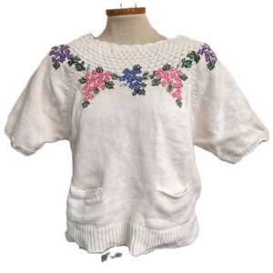 Vintage Herman Geist Linen Cotton Embroidered Cottagecore LARGE Sweater Top L